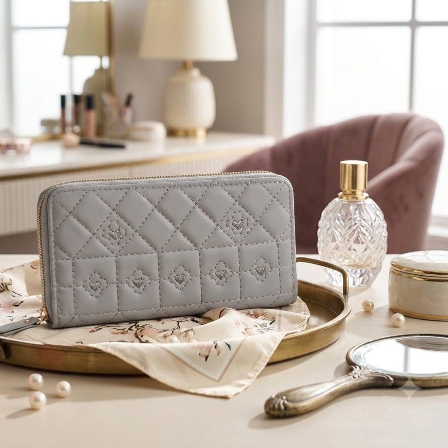 Luxury Light Grey Quilted Zip Around Wallet for Women - PU Leather Long Wallet with Multiple Card Slots